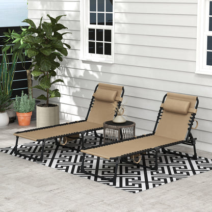 Portable Sun Lounger Set of 2, Folding Camping Bed Cot, Reclining Lounge Chair 5-position Adjustable Backrest with Side Pocket, Pillow - Beige