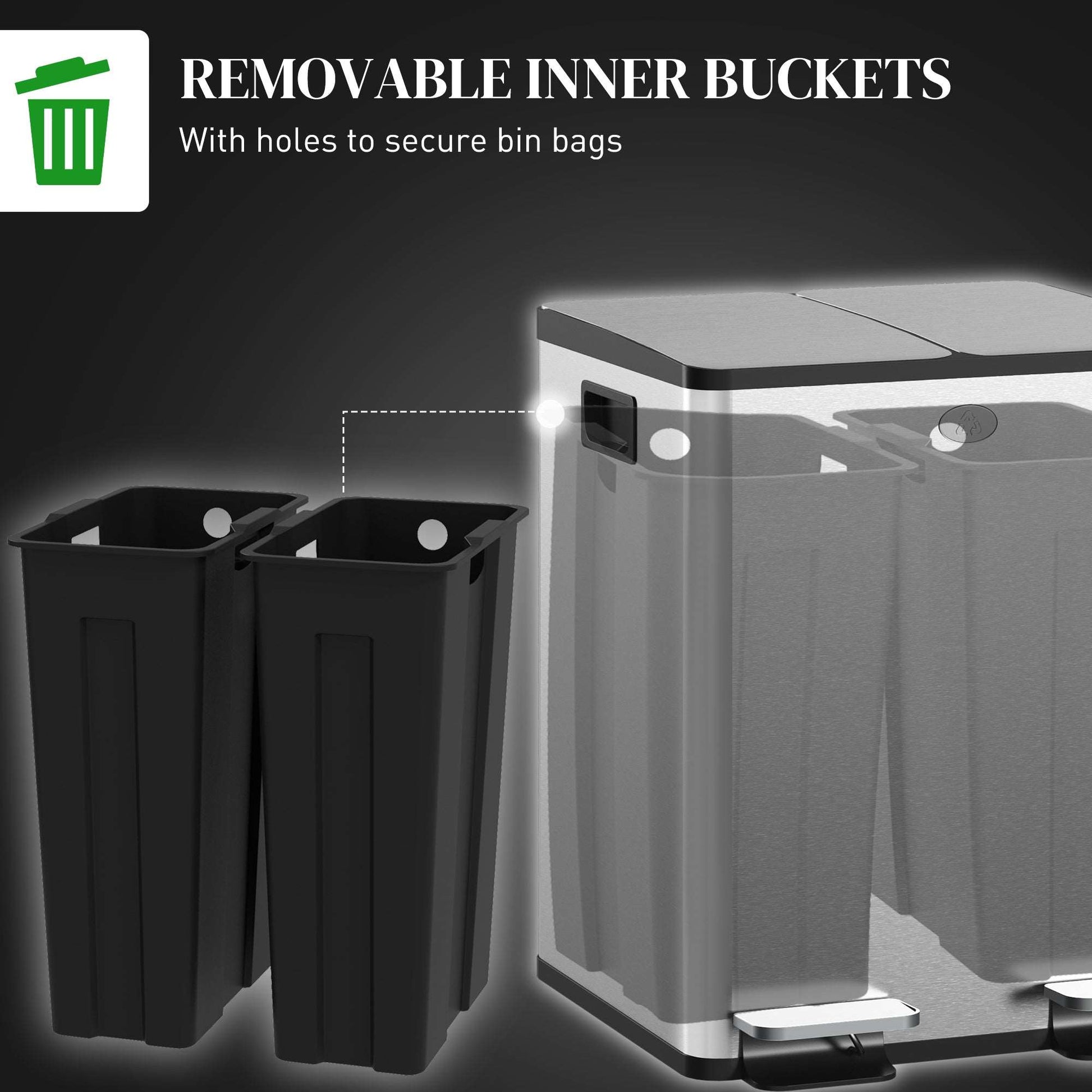2 x 20L Pedal Bin, Steel Dual Kitchen Bin with Soft Close Lid, Removable Inner Buckets, Fingerprint-Proof, Silver