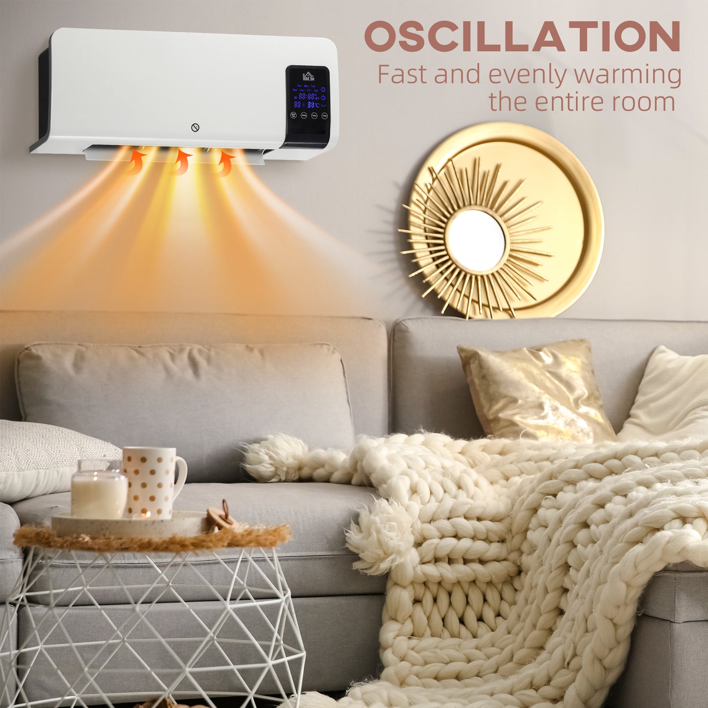 Electric Heater, 2000W Wall Mounted Space Heater with Remote Control, 2 Modes, Timer, Oscillation, Overheat Protection, Ceramic Heater for Home, White