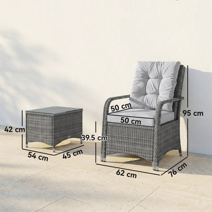 3-Piece Rattan Bistro Set | 2 Chairs, Glass Table & Cover | 10cm Cushions | EN-581 | Light Grey
