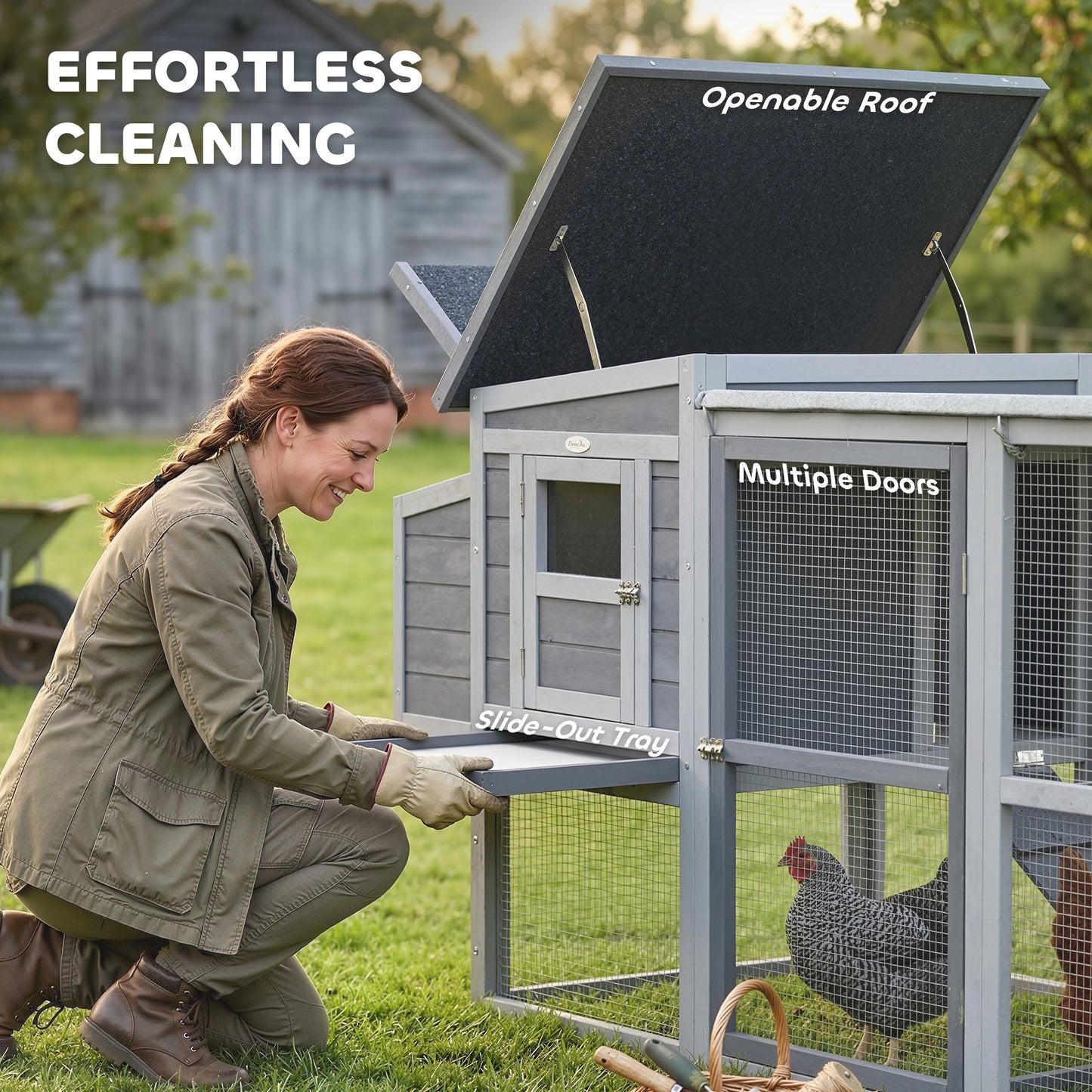 Large Chicken Coop & Hen House | 3-4 Chickens | Covered Run | Nesting Box | Pull-Out Tray | Asphalt Roof | Oxford Cover | 264cm | Grey
