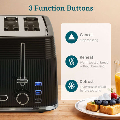 4-Slice Toaster | Dual Independent Controls | 7 Browning Settings | Defrost Reheat Cancel | Auto-Centering Guides | 2 Removable Crumb Trays | 1560-1860W | 29.3x27.3x18.9cm | Black