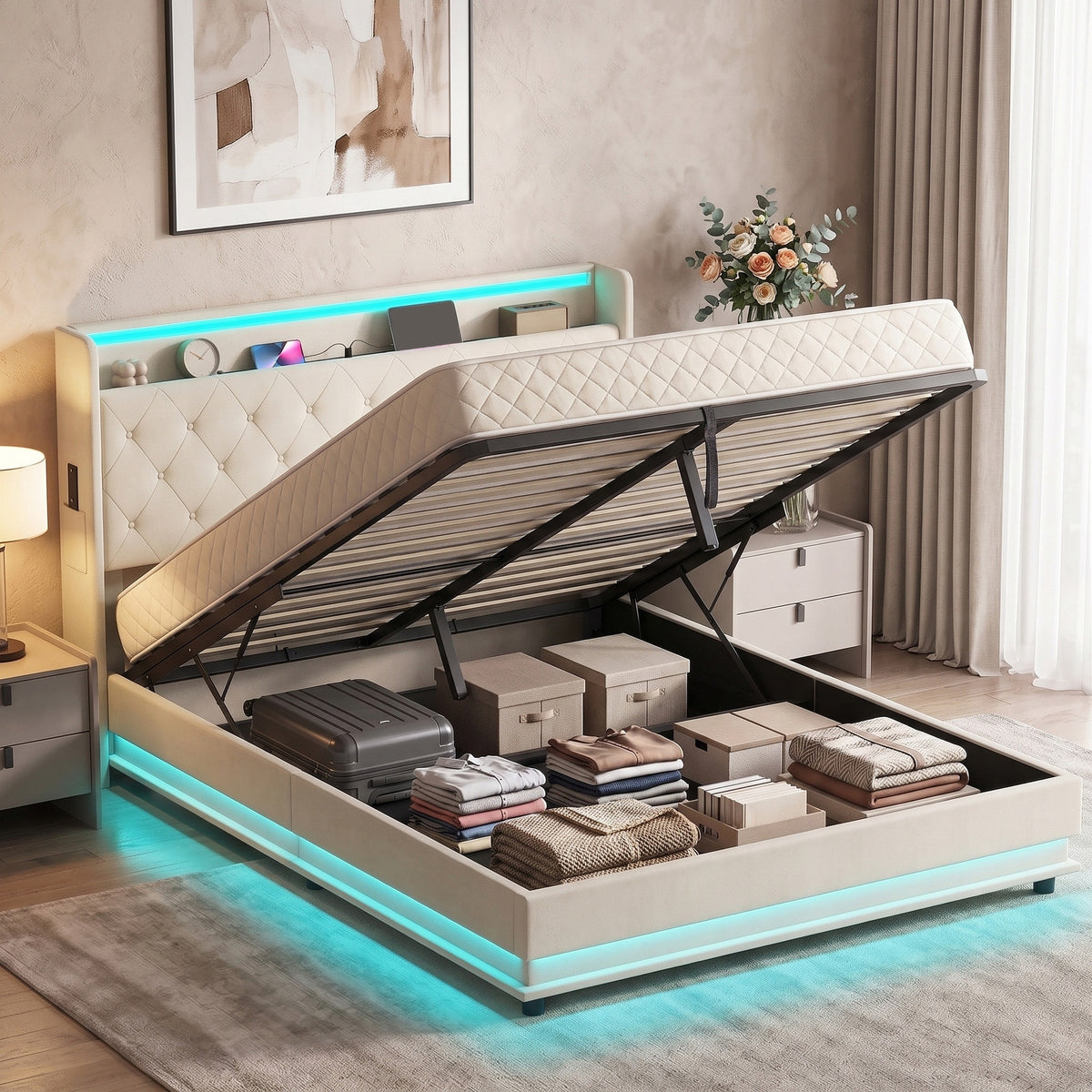5ft King Ottoman Bed Frame | Cream Linen-Look Fabric | 214x157x113cm | Hydraulic Lift Storage 150x200x20cm | RGB LED Lights | USB-A & USB-C Charging | 300kg | EVA Noise Strips