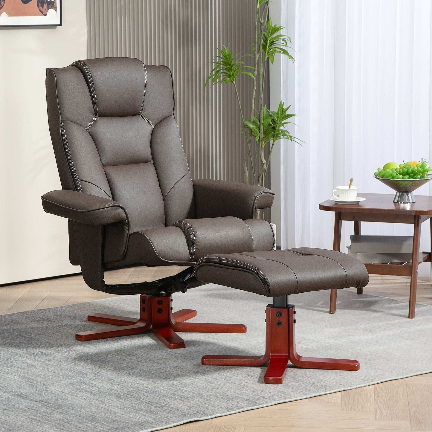 Faux Leather Manual Recliner and Footstool Set - Brown / Black
