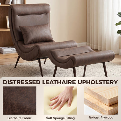 Dark Brown Accent Chair with Footstool | Upholstered Lounge Chair, Lumbar Pillow & Vintage Style | 120kg
