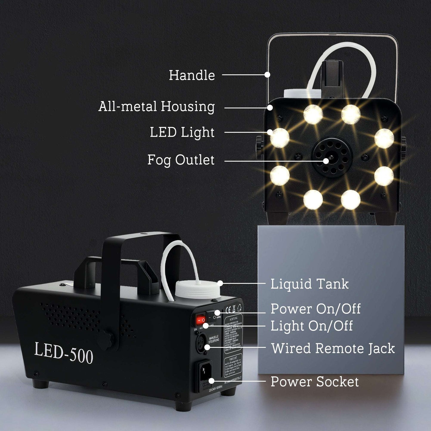 Smoke Machine with 3 RGB LED Lights with 13 Colours and 4 Effects, 450W 2000CFM Fog Machine with Wired and Wireless Remote Controls