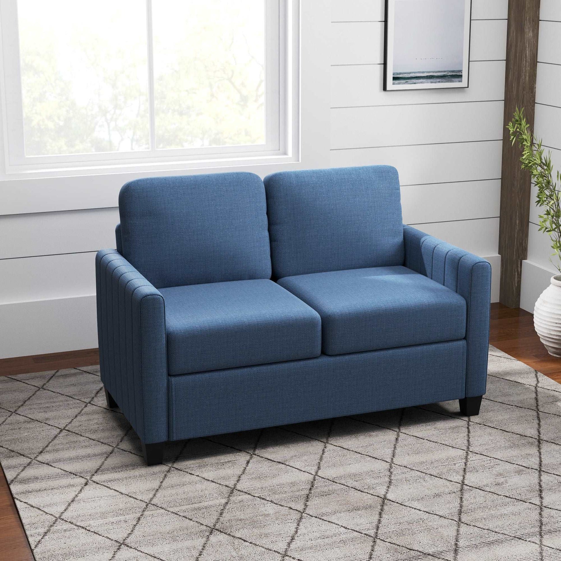 2 Seater Sofa, Channel Tufted Modern Fabric Couch, Comfy Upholstered Loveseat with Spring Cushion, Back Pillow, for Living Room - Blue