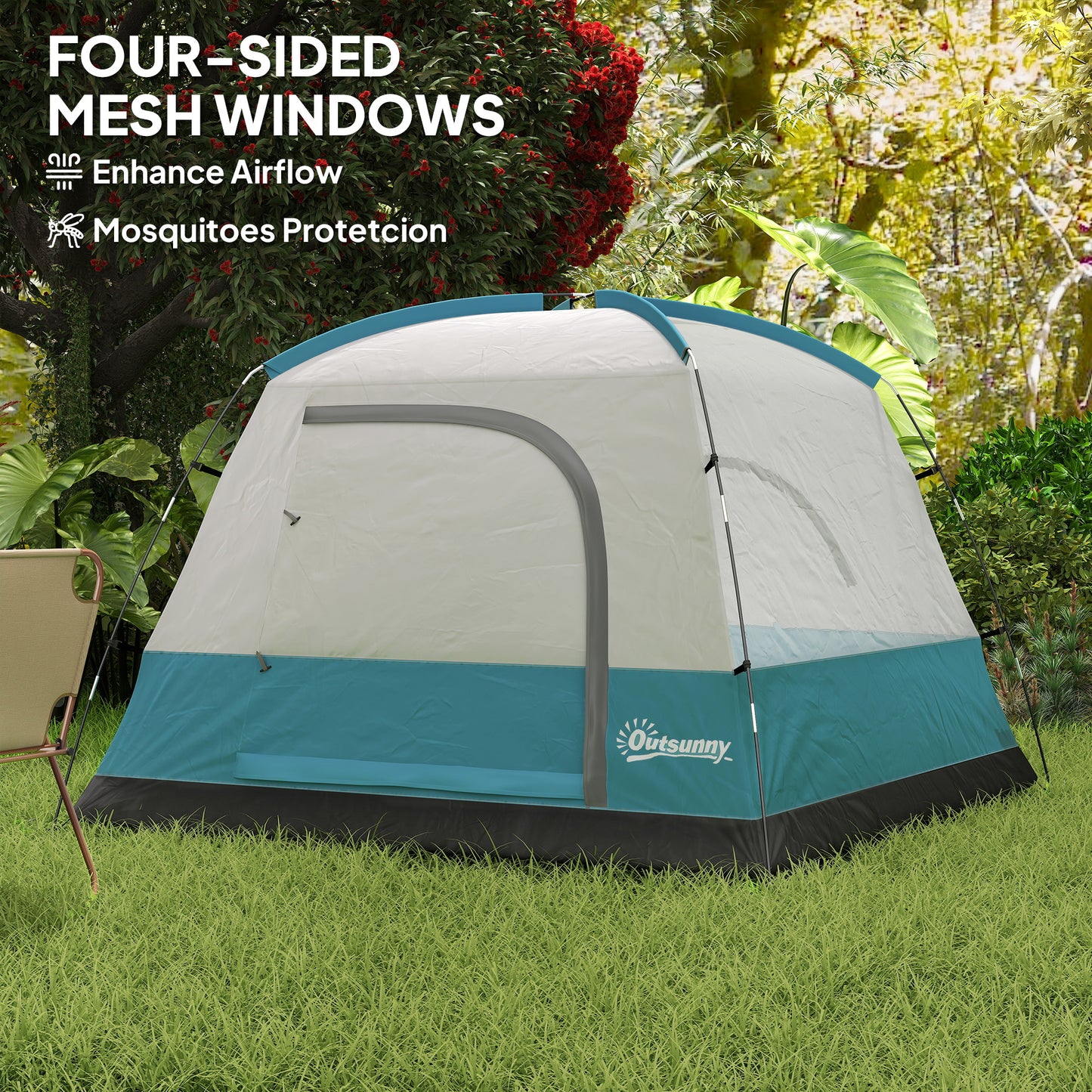 3-4 Person Camping Tent, Easy Set Up Waterproof Dome Tent with Sewn-in Groundsheet, Mesh Windows, Pocket and Hook for Camping, Light Blue