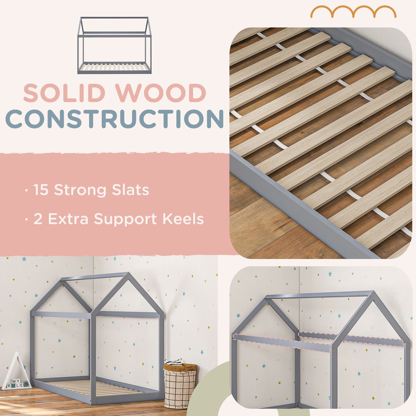 Single Bed Frame, House Scandinavian Style Wooden Bed Frame for 90W x 190Dcm Mattress, Pine Wood Bed Base