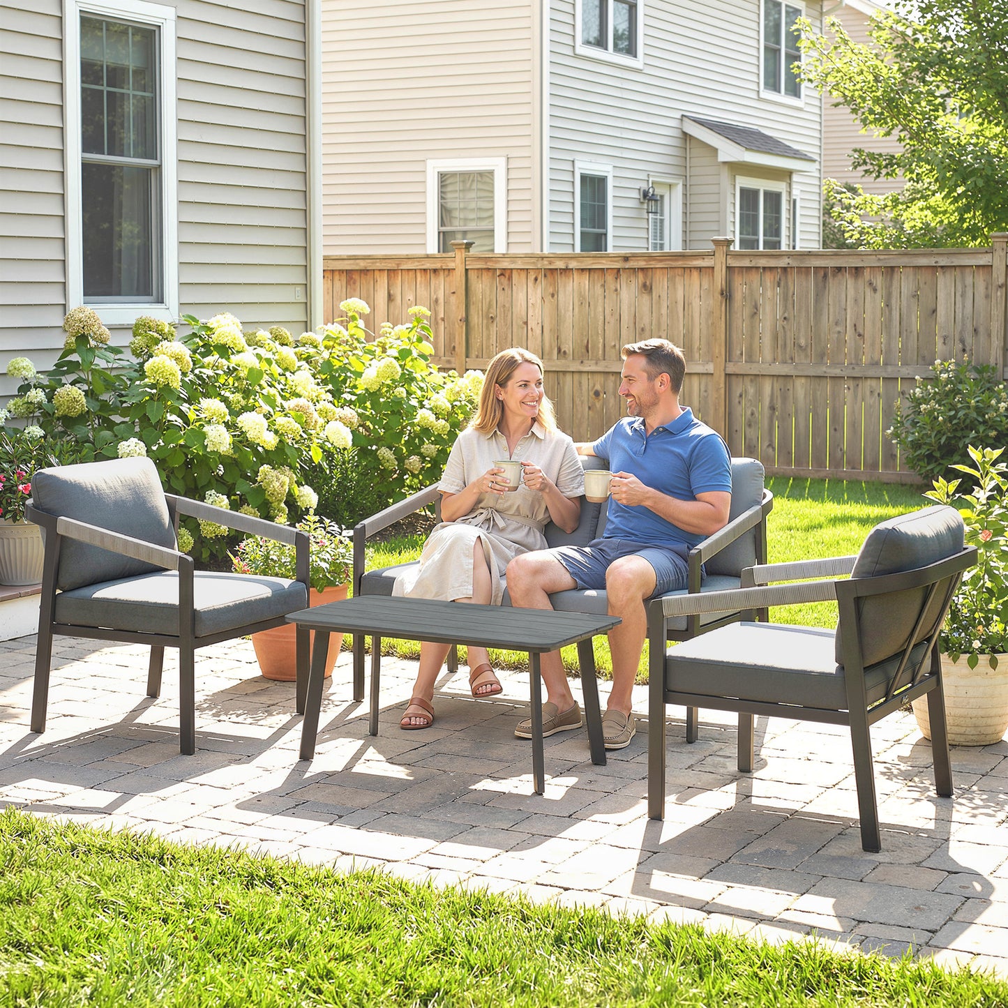 4-Seater Aluminium Garden Furniture Set | Loveseat, 2 Armchairs & Slatted Table | 10cm Cushions | Black