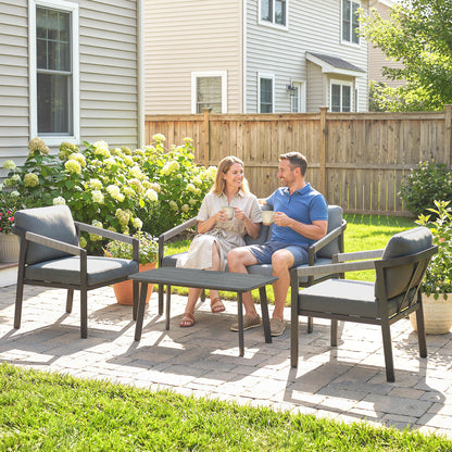 4-Seater Aluminium Garden Furniture Set | Loveseat, 2 Armchairs & Slatted Table | 10cm Cushions | Black