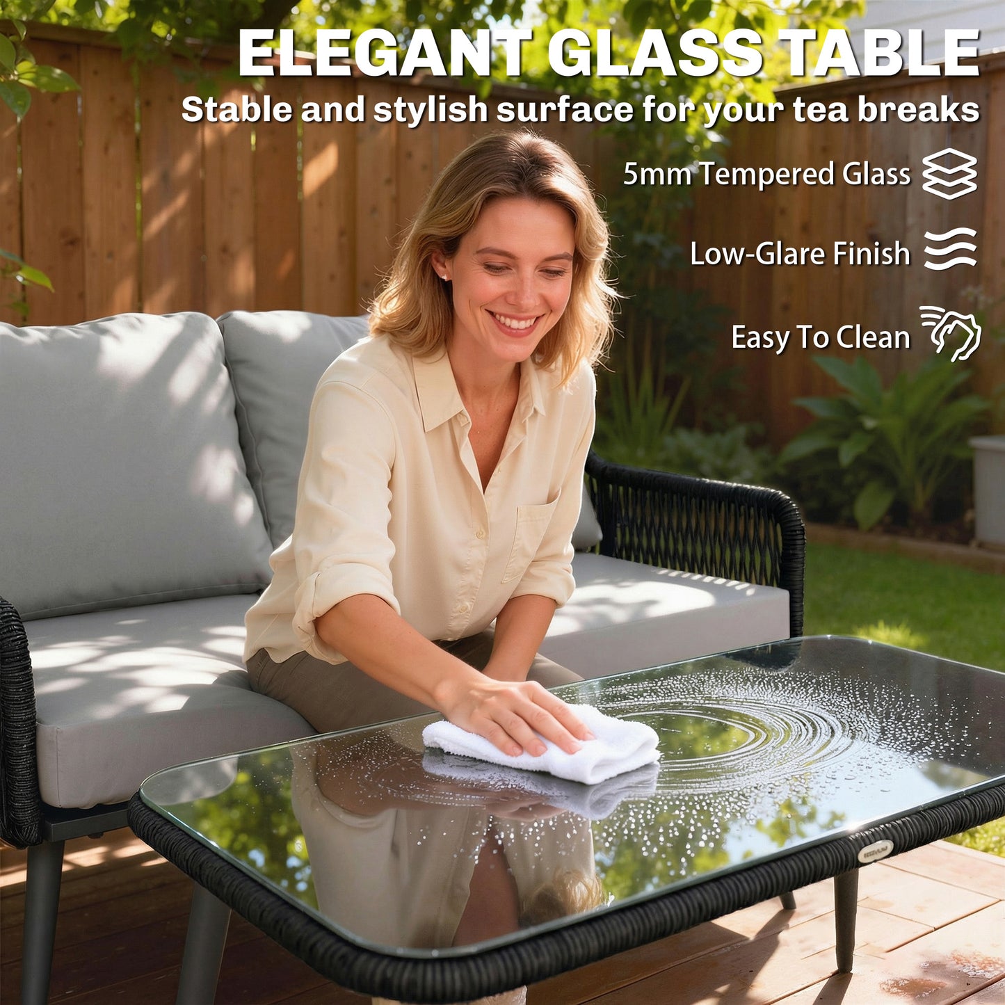 4 Piece Rattan Garden Furniture Set | Loveseat | 2 Chairs | Coffee Table | Tempered Glass | All-Weather PE Rattan | Galvanised Steel | Water-Repellent Cushions | 240kg | Black