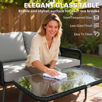 4 Piece Rattan Garden Furniture Set | Loveseat | 2 Chairs | Coffee Table | Tempered Glass | All-Weather PE Rattan | Galvanised Steel | Water-Repellent Cushions | 240kg | Black