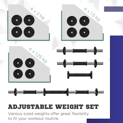 SPORTNOW 2-in-1 Adjustable Barbell & Dumbbell Set | Black & Green | Steel Plastic Sand | 19kg Plates | 4x2kg 4x1.5kg 4x1.25kg | 105cm Barbell | Non-Slip Grips | Home Gym