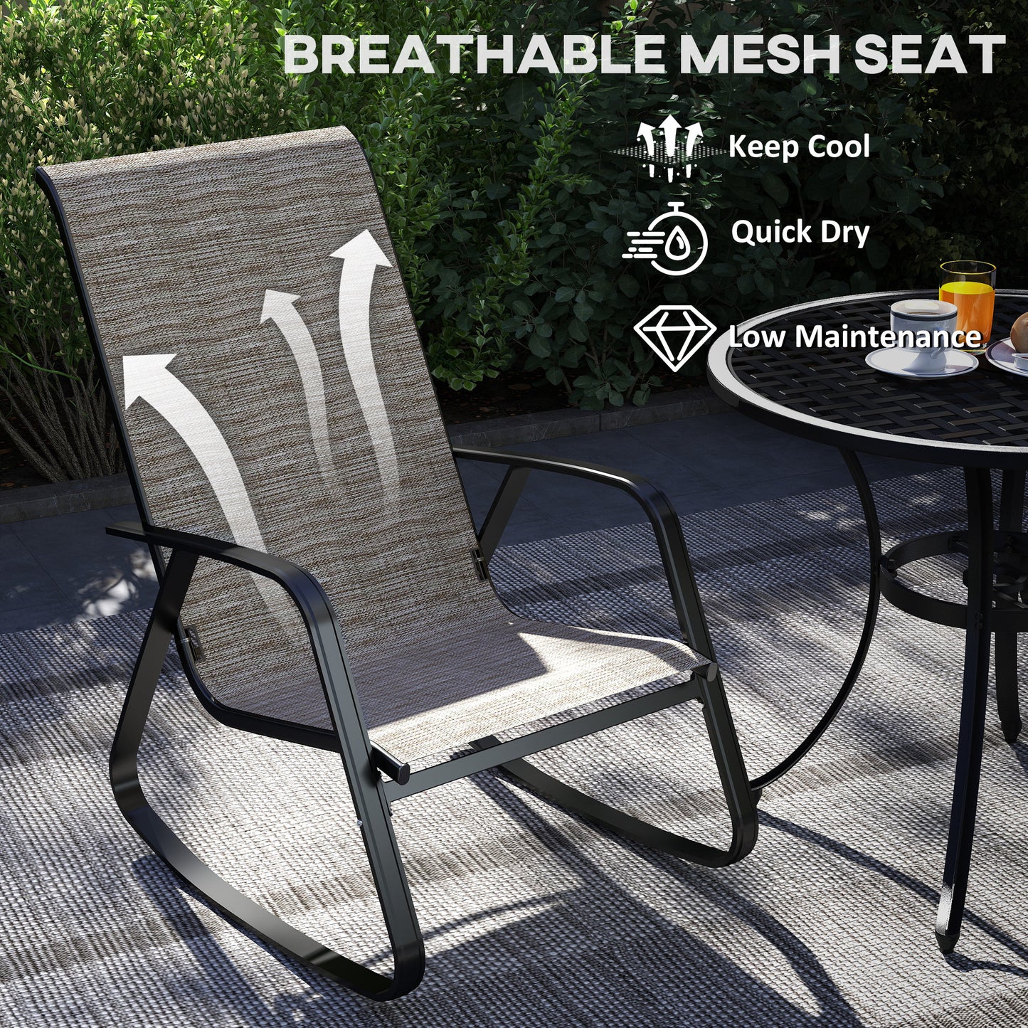 Outsunny Garden Rocking Chairs Set of 2, Ergonomic Outdoor Rocking Chairs with Armrests, High Backrest, Steel Frame Relaxing Rocker Armchair Seats, Light Brown