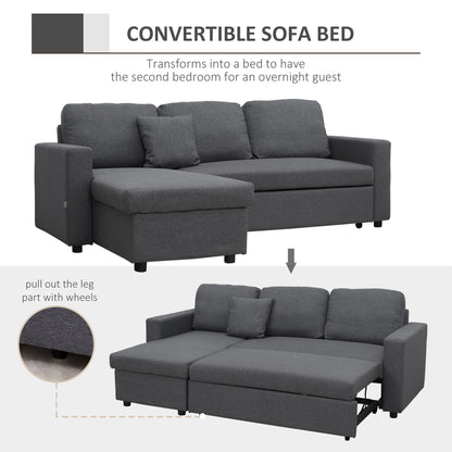 Corner Sofa Bed with Storage, 3 Seater Pull Out Sofa Bed, Convertible L Shape Sofa Couch W/ Reversible Chaise Lounge for Living Room, Dark Grey