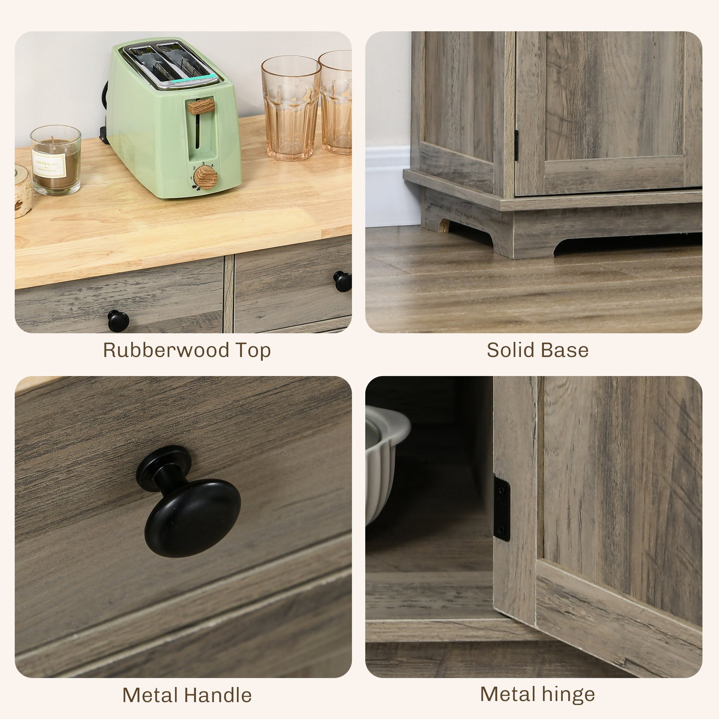 Modern Sideboard with Rubberwood Top, Buffet Cabinet with Storage Cabinets, Drawers and Adjustable Shelves for Dining Room, Kitchen