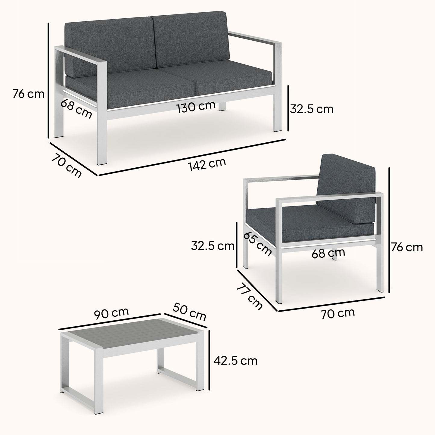 4 Piece Garden Sofa Set | Loveseat | 2 Armchairs | Coffee Table | 10cm Olefin Cushions | Brushed Aluminium | Wood Effect Table | 240kg | Dark Grey
