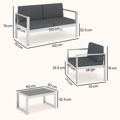 4 Piece Garden Sofa Set | Loveseat | 2 Armchairs | Coffee Table | 10cm Olefin Cushions | Brushed Aluminium | Wood Effect Table | 240kg | Dark Grey