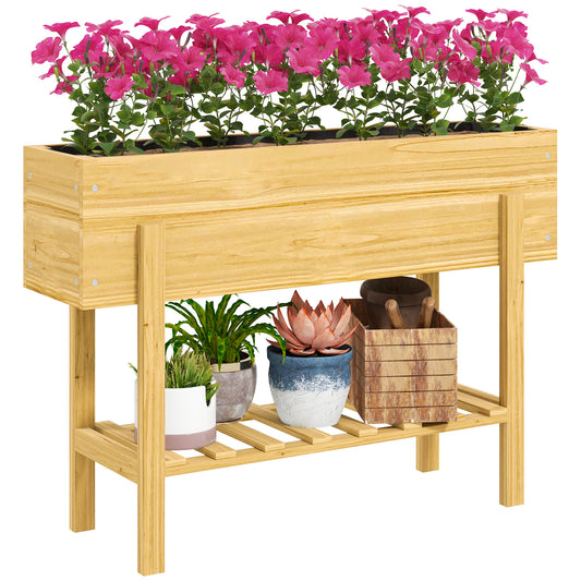 Wooden Raised Garden Bed, Elevated Planter Box with Bed Liner, Drainage Holes and Storage Shelf, Raised Planter for Vegetables, Flowers, Herbs, Natural Wood Finish
