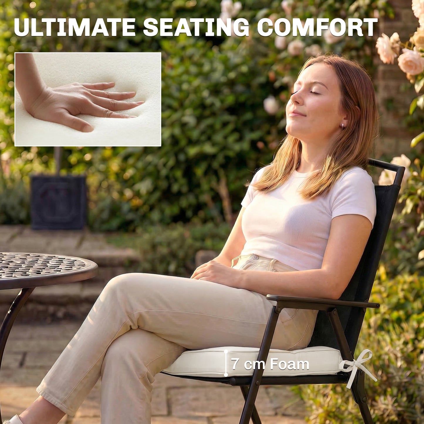 Set of 2 Outdoor Garden Chair Cushions | 7cm Foam | Water-Repellent UV30+ | Zip Cover | Ties | Cream White