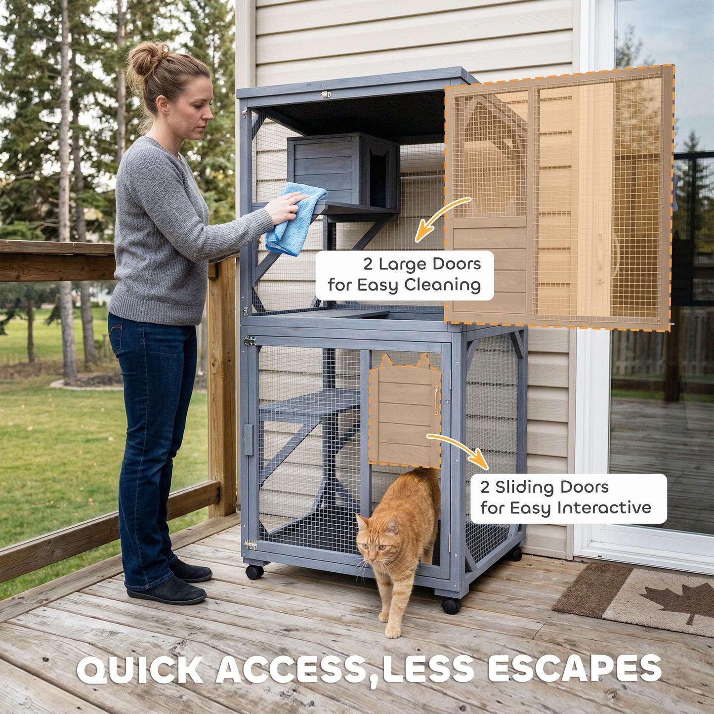 Movable Outdoor & Indoor Catio | 3 Jumping Platforms & Resting Box | Waterproof Asphalt Roof | 4 Swivel Casters 2 Lockable | Fir Wood | 4 Doors | Up to 2 Cats | 80x75.5x162.5cm | Dark Grey