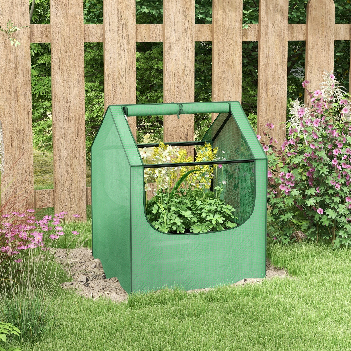 2-in-1 Raised Garden Bed with Mini Greenhouse Cover | Galvanised Steel Base | Open Bottom | 2 Roll-Up Windows | 61x61x29.5cm Bed | 70x70x90cm Cover | Green & Silver