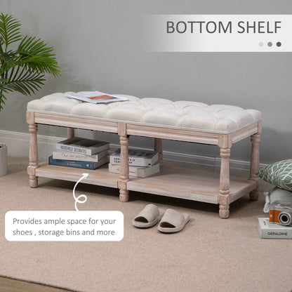 2 Tier Shoe Rack Bench with Button Tufted Upholstered Cushion, Vintage Bed End Bench, Wooden Window Seat for Hallway, Living Room, Cream White