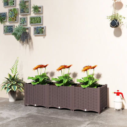 Modular Self-Watering Raised Planter Boxes | Built-In Reservoir | Drainage Holes & Plugs | Rattan-Style PP | Fade Resistant | 20kg Capacity | 120x40x37cm | Brown