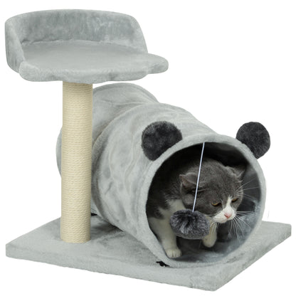 PawHut 47cm Small Cat Tree w/ Scratching Post, Bed, Cat Tunnel, Toy Ball, Dark Brown / Grey