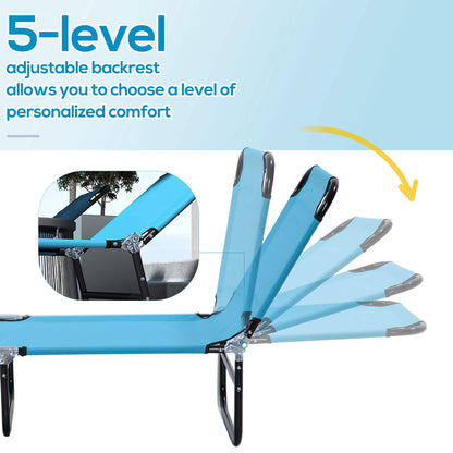 Foldable Sun Lounger Set of 2 with 5-Position Adjustable Backrest, Portable Recliner Chaise Lounge Chair with Breathable Mesh Fabric, Sky Blue
