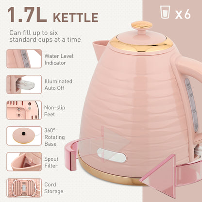 3000W 1.7L Kettle & 4 Slice Toaster, Kettle and Toaster Set with 7 Browning Controls and Crumb Tray, Light Pink / Blue