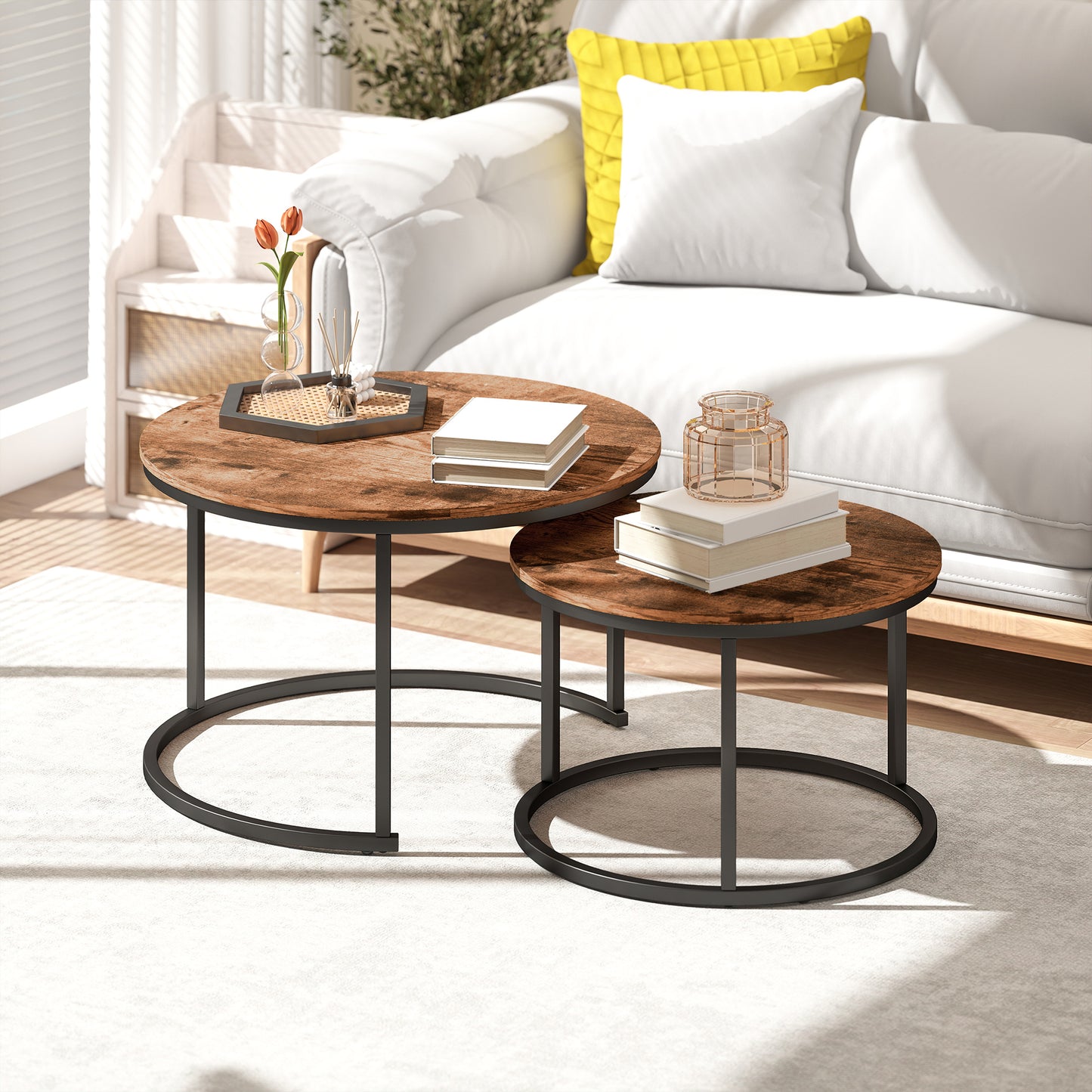 Coffee Table Set of 2, Round Nest of Tables with Metal Frame, Modern Side Tables for Living Room, Rustic Brown
