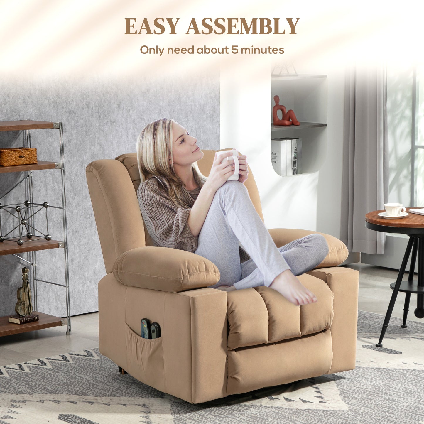 Power Lift Recliner Chair with Vibration Massage and Heat, Electric Lift Chair, Overstuffed Fabric Riser and Reclining Armchair - Light Brown