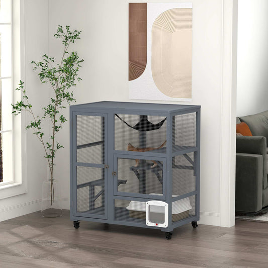 PawHut Cat Cage House, Catio Cat Outdoor Enclosure on Wheels, Weather-Resistant Wooden Kitty Cage W/ Platforms, 100L x 60W x 110Hcm - Light Grey