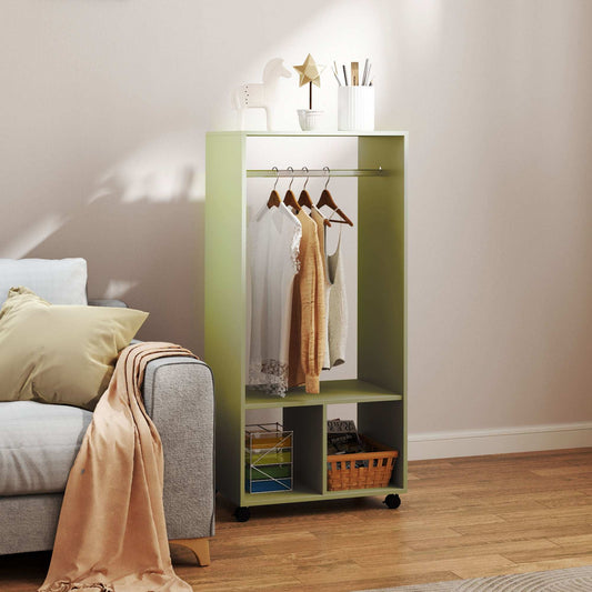 Open Wardrobe for Bedroom, Small Wardrobe on Wheels with Clothes Rail, Storage Shelves, Mobile Garment Rack for Clothes Storage- Green