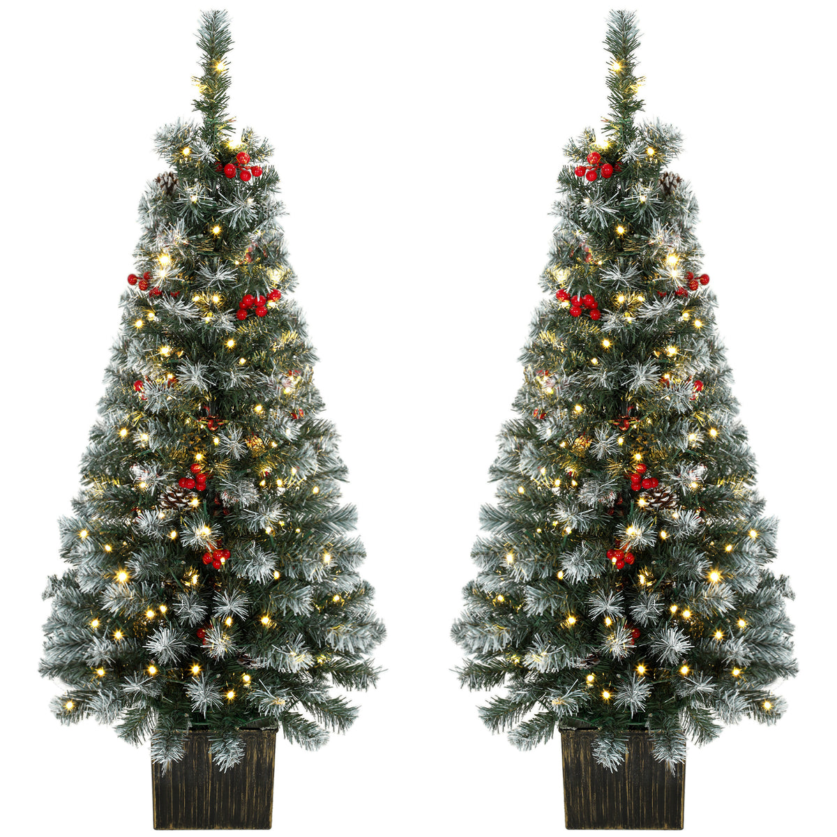 Set of 2 Slim Pre-Lit Christmas Trees | Green Frosted Tips | 120cm 4ft Pencil | 100 LEDs Warm White Multicolour | 11 Modes Remote | 140 Tips Pine Cones Berries | Battery Operated | Pot Base