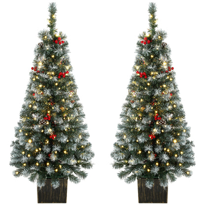 Set of 2 Slim Pre-Lit Christmas Trees | Green Frosted Tips | 120cm 4ft Pencil | 100 LEDs Warm White Multicolour | 11 Modes Remote | 140 Tips Pine Cones Berries | Battery Operated | Pot Base