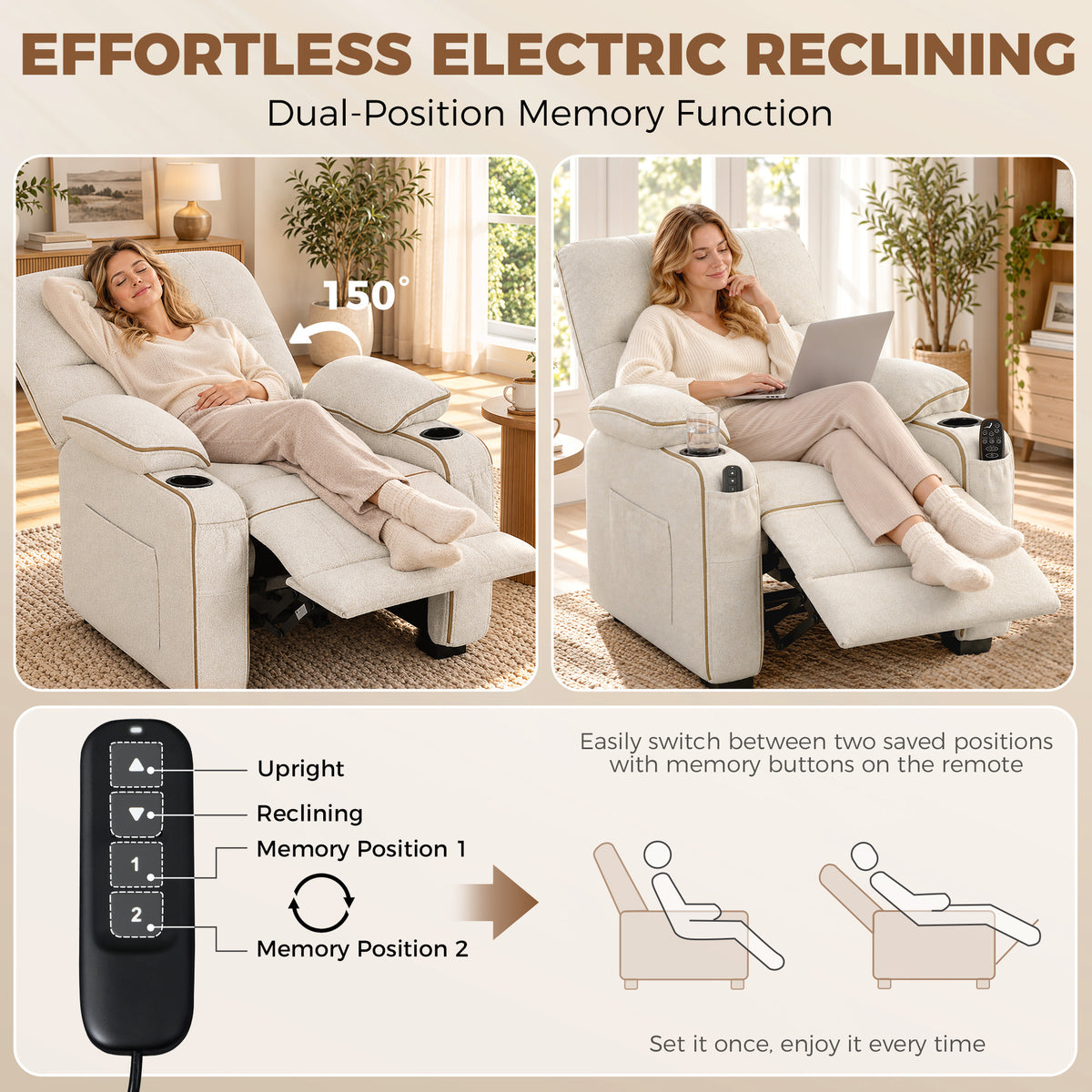 Electric Massage Recliner Armchair | 8-Point Vibration & Lumbar Heat | 150° Recline, 2 Memory Positions, USB & Cup Holders | Beige