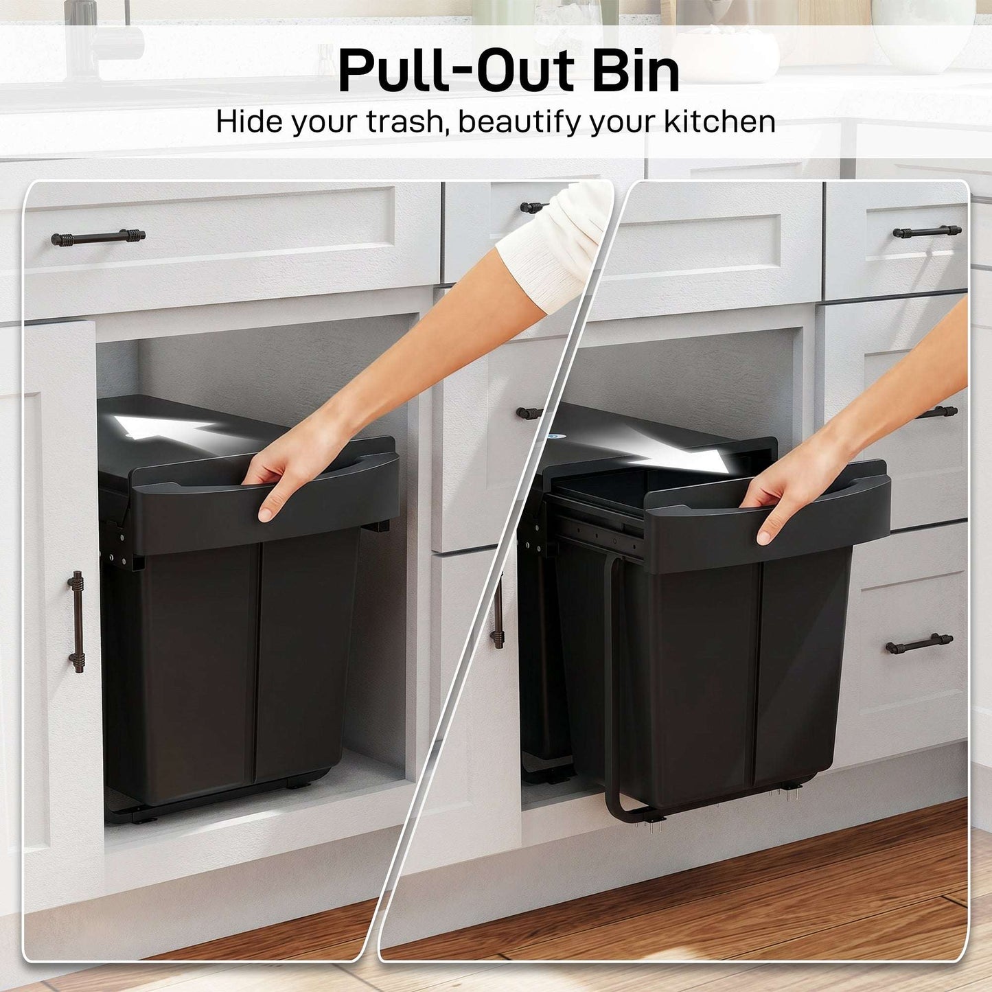 Under-Sink Pull-Out Kitchen Bin | Dual 20L Compartments 40L Total | Damped Smooth-Glide Runners | Frosted Lid Doubles as Shelf | Removable Buckets with Handles | Steel Frame | Pre-Assembled | 52x33.5x41cm | Black