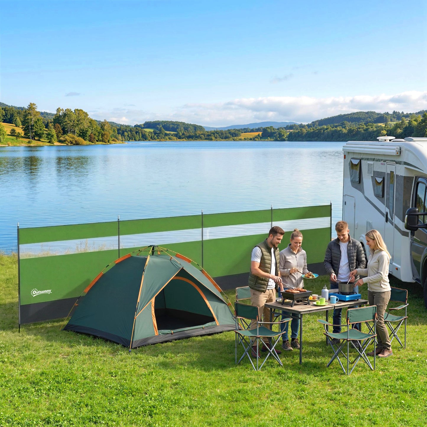 Camping Windbreaker with Clear Windows | 725x140cm | Steel Poles | 15 Stakes & 10 Guy Ropes | Beach & Caravan | Army Green
