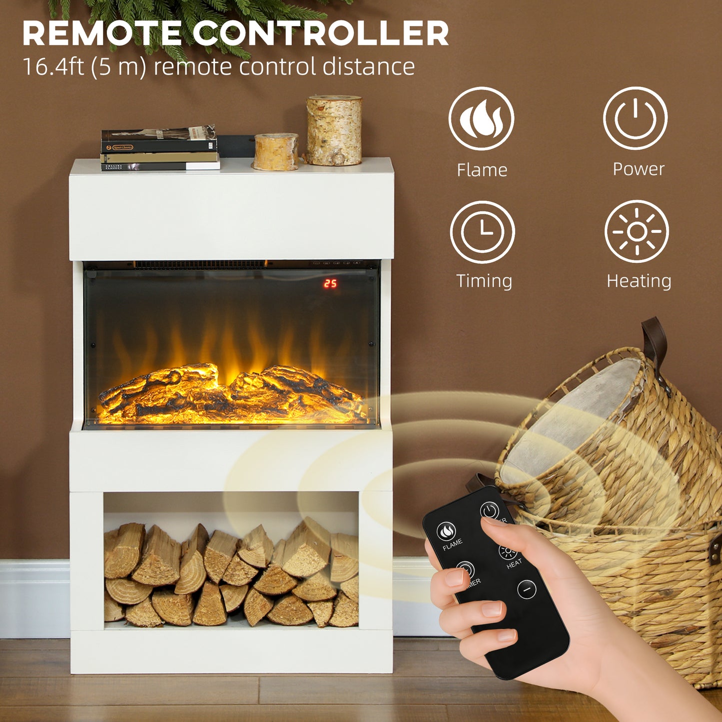 Electric Fireplace with 3D Flame Effect, 6 Colours & 3 Brightness Levels, 1000W/2000W Electric Fire and Mantel Reach up to 30㎡ Space with Remote & Timer