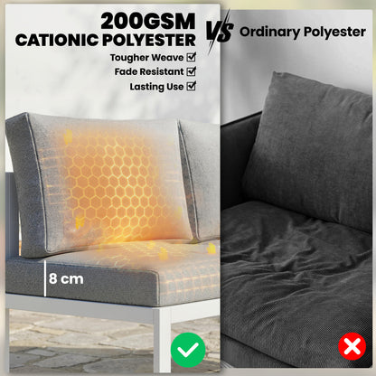 6-Seater Modular Garden Sofa Set | 3 Loveseats | Texteline Seating | Wood-Effect Slatted Coffee Table | Powder-Coated Metal Frame | 200gsm Cushions | 8cm Seat & 10cm Back | Washable Covers | 240kg | White