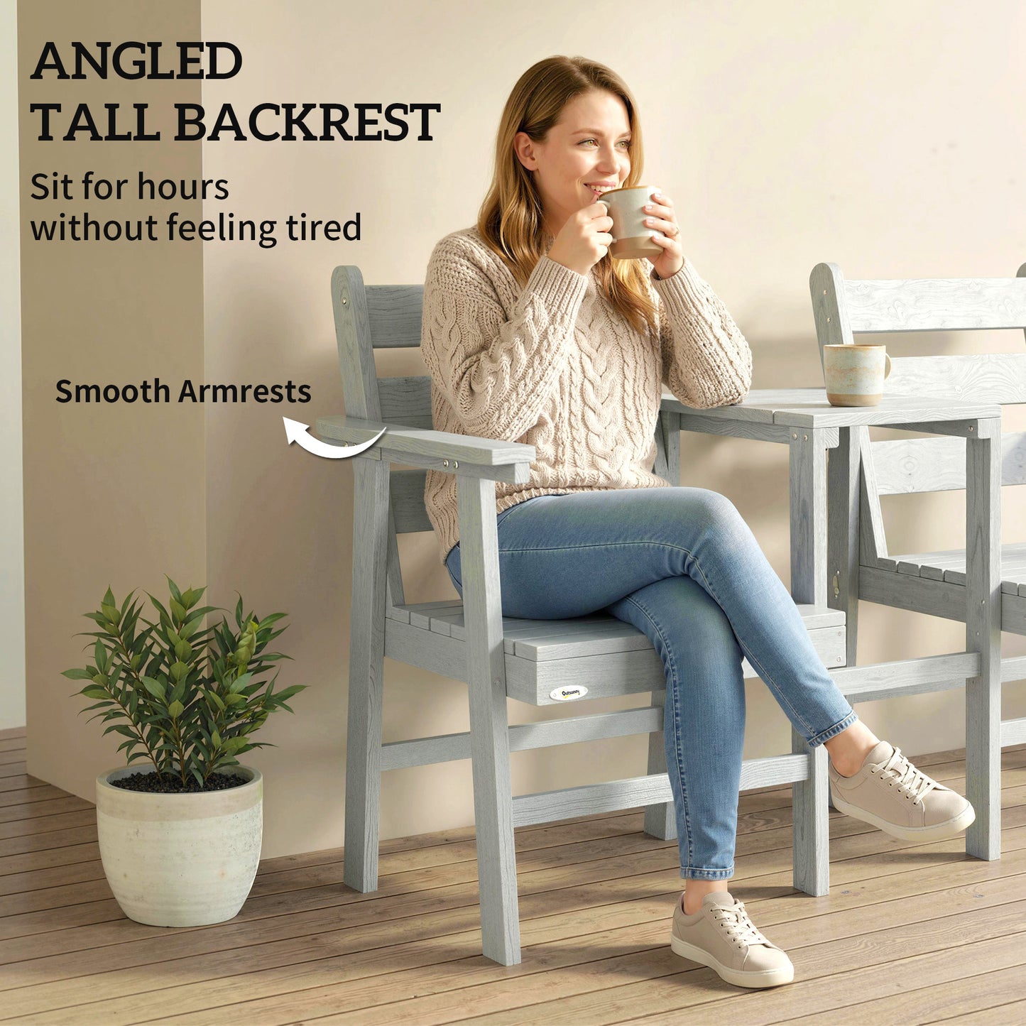 Wooden Jack & Jill Garden Loveseat | Integrated Centre Table | Embossed Fir Wood | Angled Backrest | Slatted | 300kg | 149x67x94cm | Grey