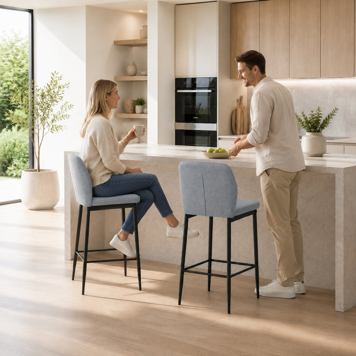 Set of 2 Velvet Bar Stools | Grey | 41x52x97cm | 64cm Seat Height | Curved Backrest | Footrest | Powder-Coated Steel | Armless | Counter Height 89–99cm | 120kg | Kitchen Island Dining