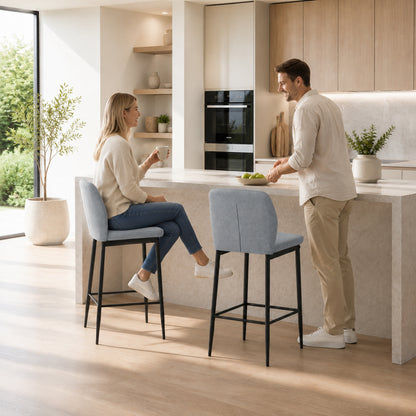 Set of 2 Velvet Bar Stools | Grey | 41x52x97cm | 64cm Seat Height | Curved Backrest | Footrest | Powder-Coated Steel | Armless | Counter Height 89–99cm | 120kg | Kitchen Island Dining