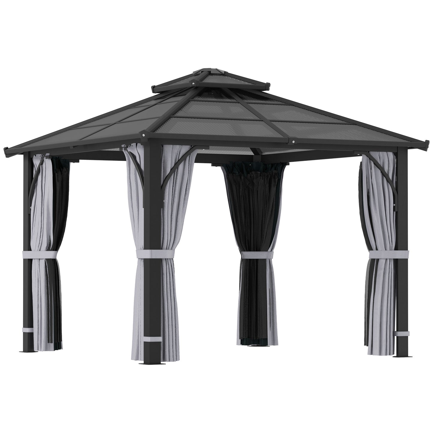 3 x 3(m) Hardtop Garden Gazebo Canopy with 7mm Double Polycarbonate Roof, Permanent Pavilion with Mosquito Netting and Curtains Dark Grey