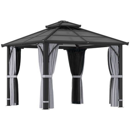 3 x 3(m) Hardtop Garden Gazebo Canopy with 7mm Double Polycarbonate Roof, Permanent Pavilion with Mosquito Netting and Curtains Dark Grey