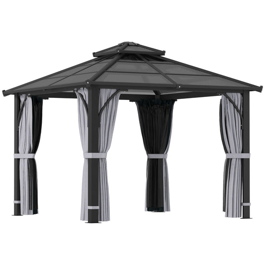 3 x 3(m) Hardtop Garden Gazebo Canopy with 7mm Double Polycarbonate Roof, Permanent Pavilion with Mosquito Netting and Curtains Dark Grey