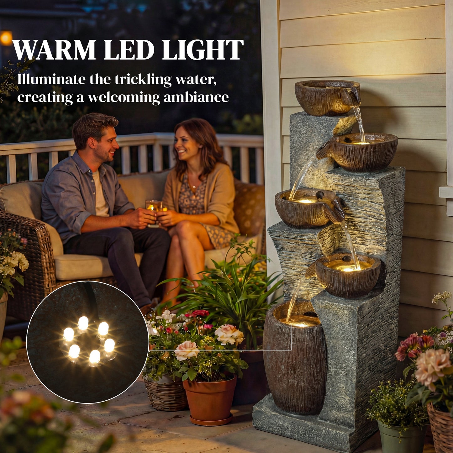 Tall 5-Tier Jug-Style Resin Waterfall Fountain | Hand-Painted Rustic Finish | Warm LED Lights | 3-Speed Adjustable Pump | 16W | 230V | 3m Cable | 35x34x110cm | Garden & Patio | Grey & Rustic Brown